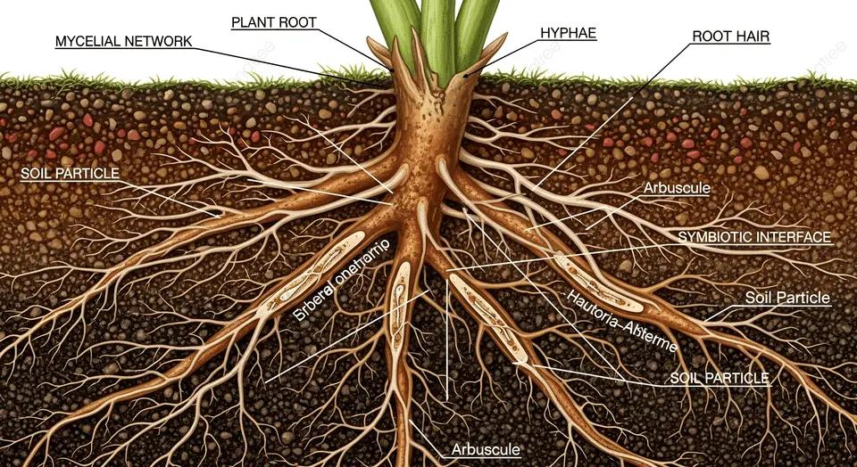 Underground fungal network supporting nutrient exchange between plants and fungi
