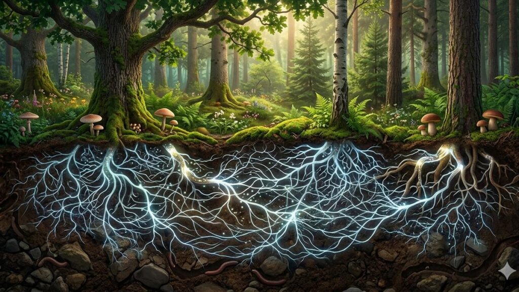 Mycelium networks connecting trees beneath a healthy forest floor